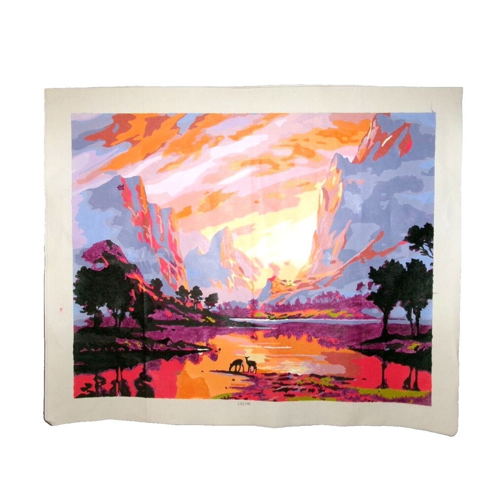 Paint by Number Complete Neon Colors Deer Mountains & Sky Painting on Canvas 19"